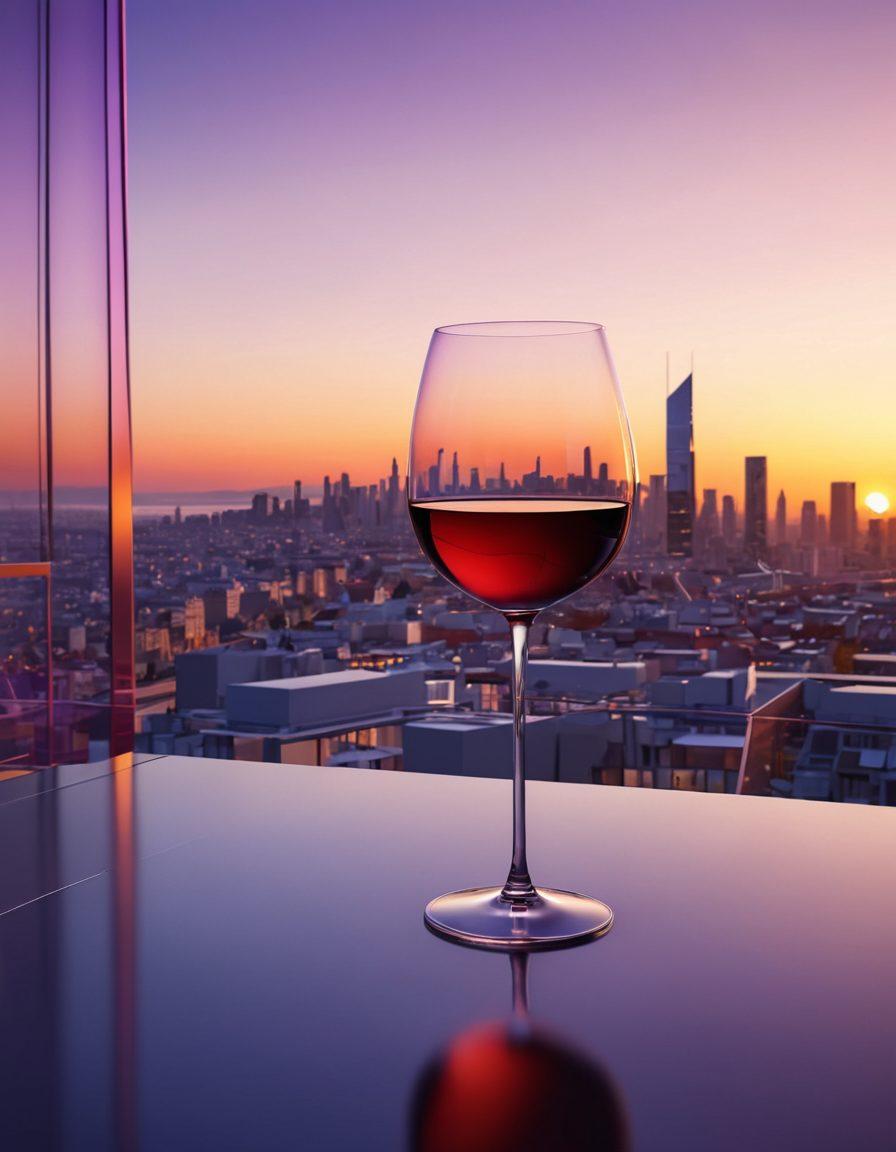 A stylish glass of red wine placed elegantly on a contemporary architectural blueprint, surrounded by modern design elements like angular structures and minimalist furniture. The background features a stunning city skyline at sunset, reflecting warm hues of orange and purple, symbolizing the intersection of wine and architecture. super-realistic. vibrant colors. 3D.