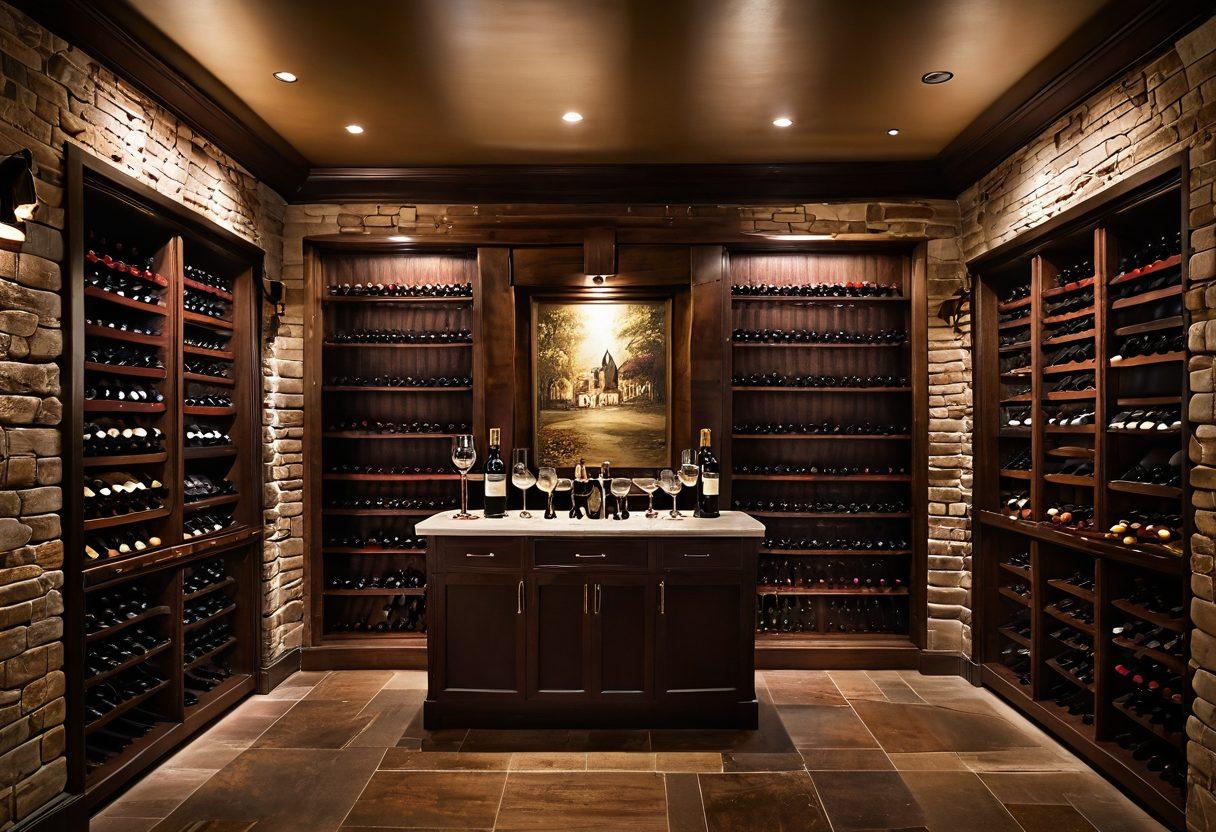 A beautifully arranged wine cellar, featuring rows of elegant wine bottles and artisanal glasses, surrounded by lush grapevines and soft ambient lighting. The architectural elements blend traditional building principles with intricate wooden textures, showcasing a harmonious balance of aesthetics and functionality. Include an artistically styled wine label and rich, deep colors to evoke a sense of sophistication. super-realistic. vibrant colors. ambient lighting.