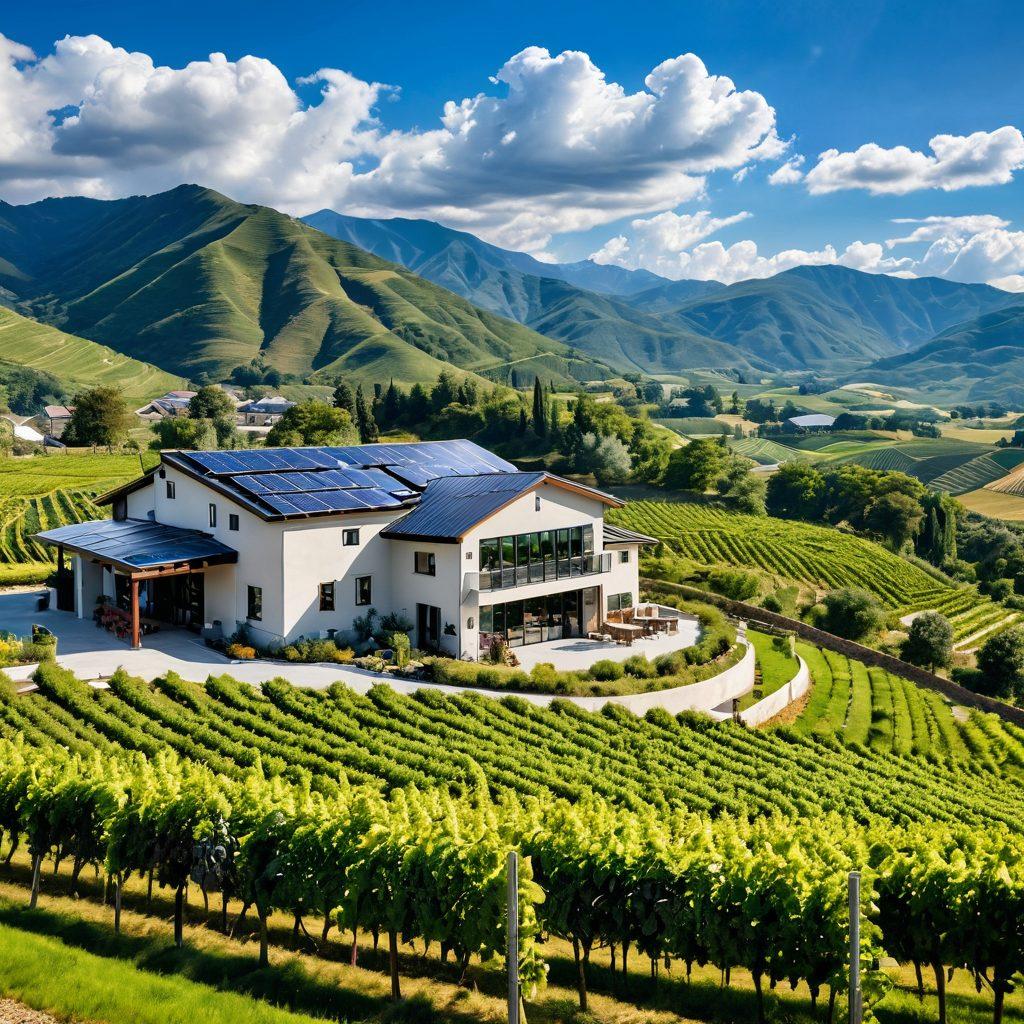 A picturesque winery with lush green vineyards cascading down rolling hills, intertwined with modern sustainable architecture featuring solar panels and green roofs. Include workers cultivating grapes and eco-friendly design elements like rainwater harvesting systems. The sky is bright blue with fluffy white clouds, and a clear view of the distant mountains enhances the backdrop. vibrant colors. super-realistic.